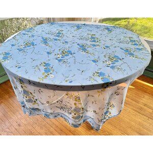 Vintage 60s sheer curtain, blue bouquets with greenery, price per panel